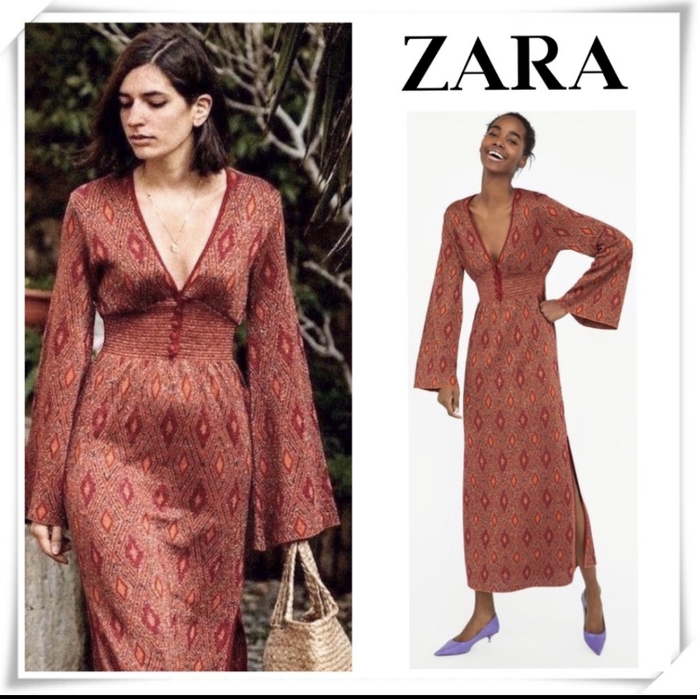 Zara Metallic Knit Empire Waist Maxi Sweater Dress